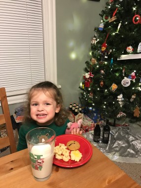Before bed on Christmas Eve. She gave Santa cookies, milk, and tortellini. Don't ask, because I don't get it either.